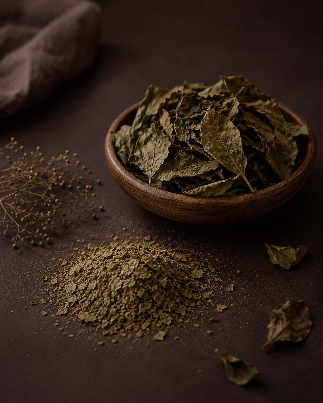 Feuilles de henné séchées et poudre broyée