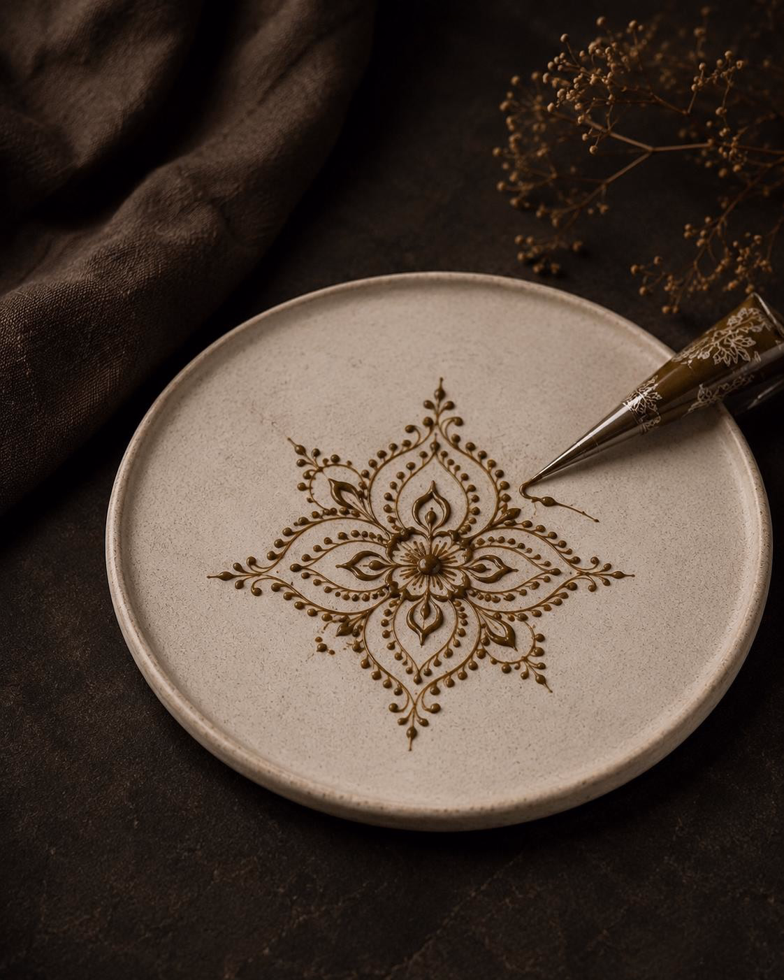 Motif henné dessiné sur une assiette en céramique